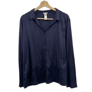 Hanro M navy blue grand central modal & silk button down long sleeve